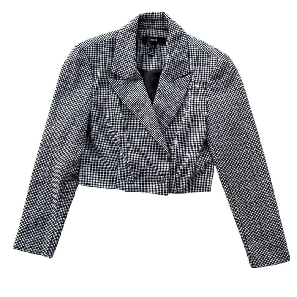 Forever 21 Women’s S Black White Houndstooth Tweed Wool Bl. Crop Blazer 2 Button